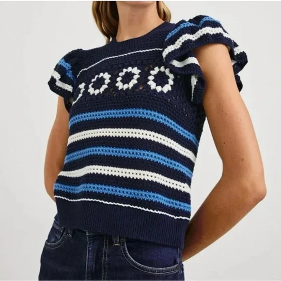NWT Rails Penelope Crochet Top Sweater Blue Navy  
Striped Size S Flutter Sleeve - Picture 3 of 13